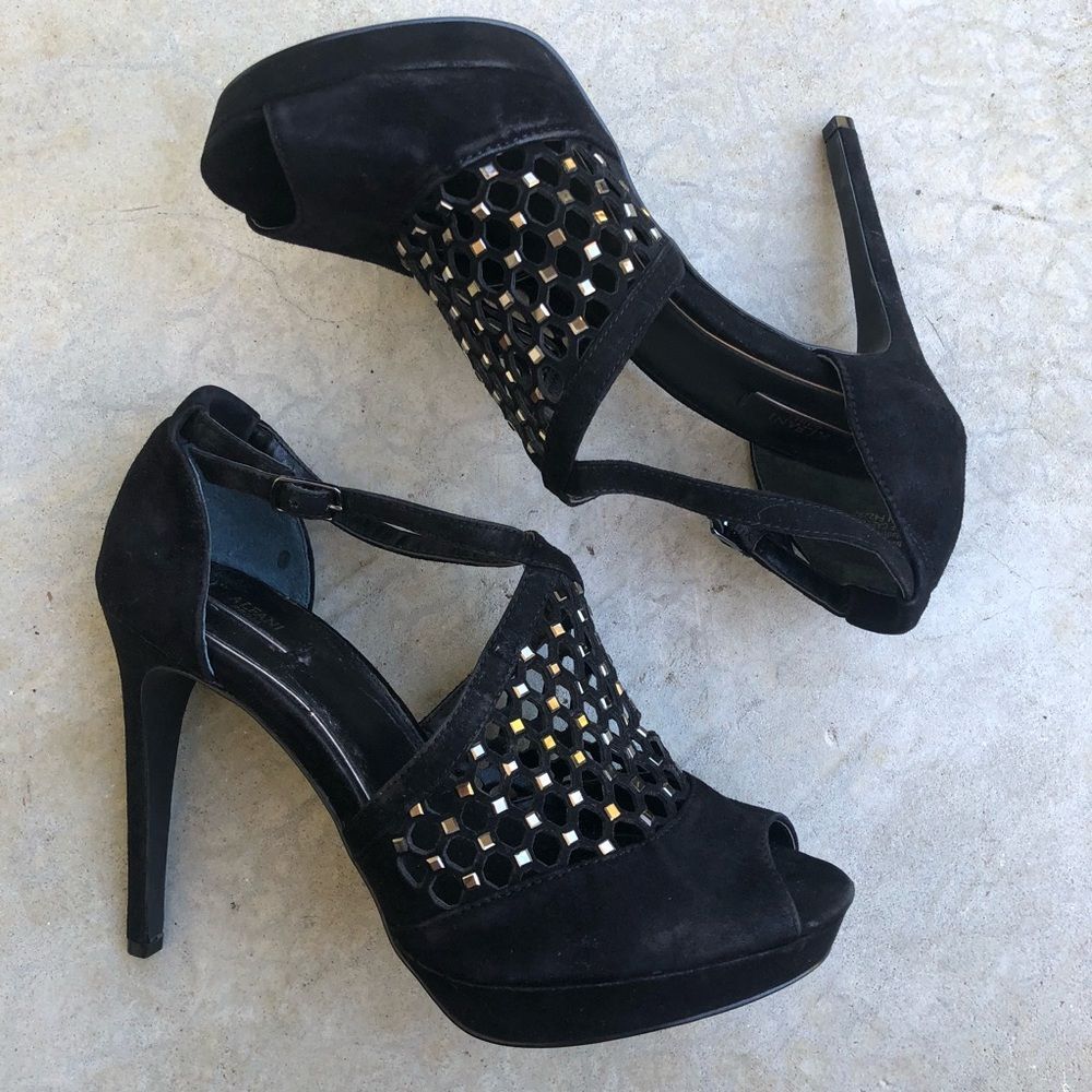 Alfani Black Suede Cage Heels 8.5 Embellished Strappy Glam Night Out Party